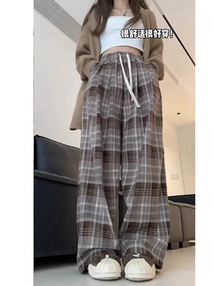 Meilade quần kẻ sọc màu nâu cổ điển dành cho nữ đầu mùa thu cỡ lớn eo cao dáng suôn dáng suôn quần ống rộng