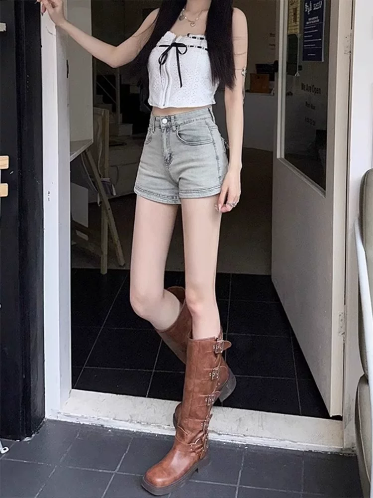 Quần short denim cổ điển kiểu Mỹ dành cho nữ, cỡ lớn mùa hè, cạp cao, che hông, co giãn, tăng chiều cao, quần chữ A giảm béo.