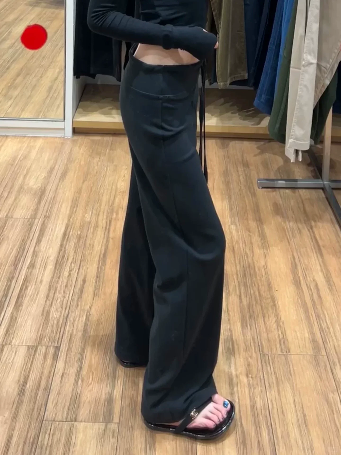 Quần âu lưng cao màu đen lười biếng dành cho nữ, mùa thu đông, cỡ lớn, lót lông cừu, dày, mềm mại, che hông, giảm béo, quần ống rộng