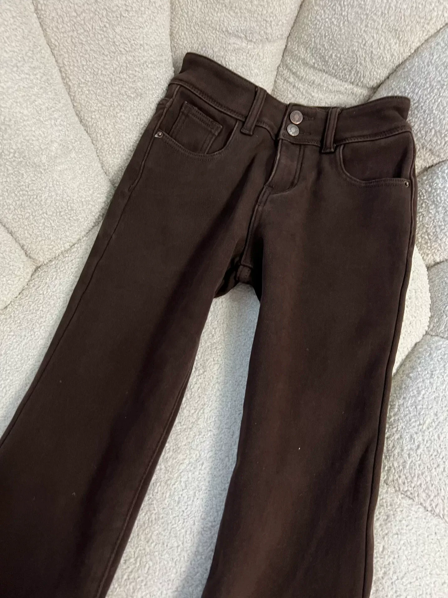 Quần jean ống loe dày lót lông cừu màu cà phê Melard dành cho nữ, mùa thu đông, cỡ lớn, lưng cao, giảm béo, ống chuông, quần dài đến sàn.