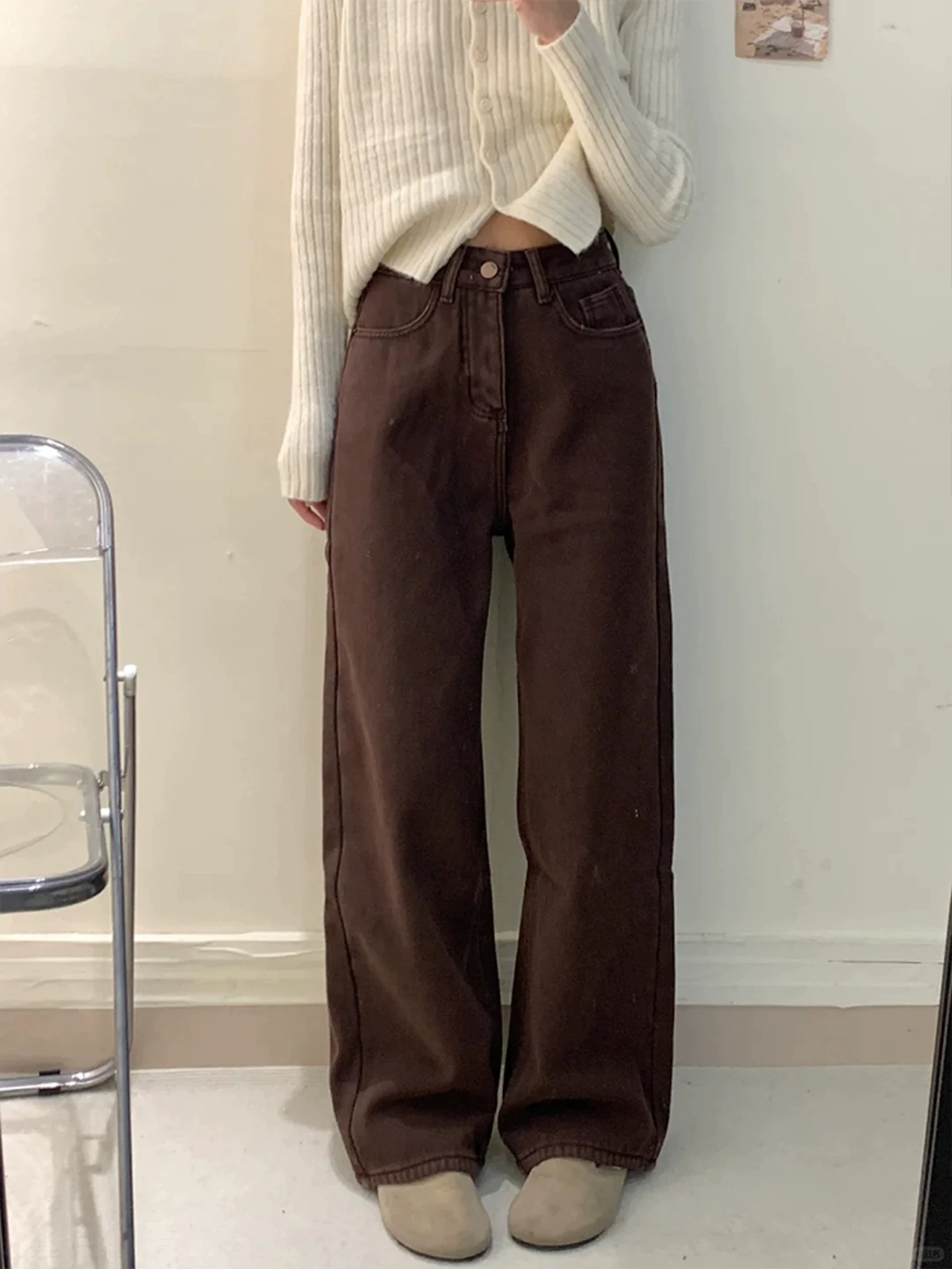 Quần jean ống rộng dày lót lông cừu màu cà phê dành cho nữ, mùa thu đông, cỡ lớn, lưng cao, dáng rộng, quần ống thẳng không bó sát