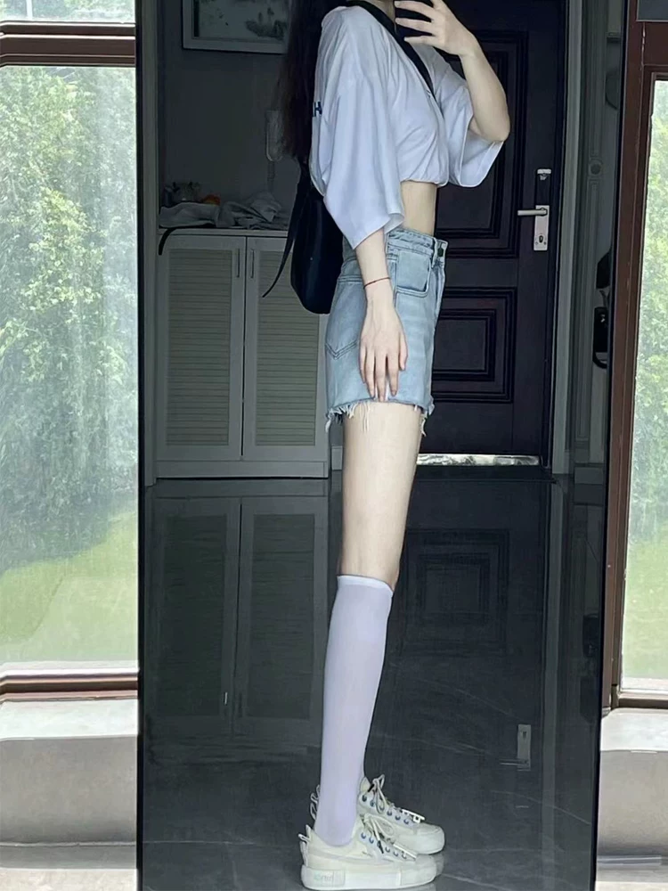 Quần short denim xẻ tà hình quả lê dành cho nữ, cỡ lớn mùa hè, lưng cao, dáng rộng, che hông, quần ống rộng chữ A tôn dáng