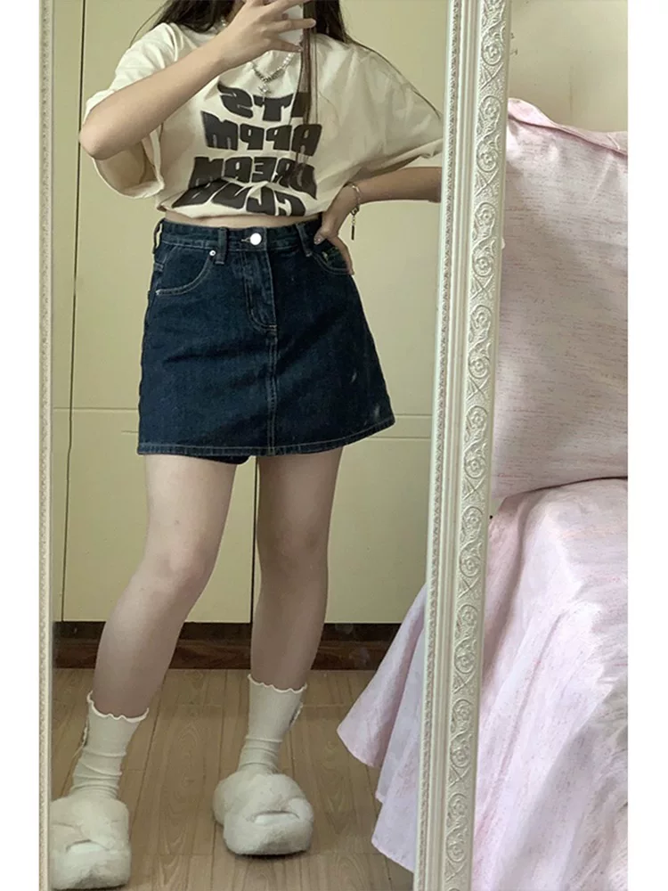 Thân hình quả lê, hơi mũm mĩm, mặc váy denim, size lớn mùa hè dành cho nữ, cạp cao, che bụng, quần váy chữ A thon gọn