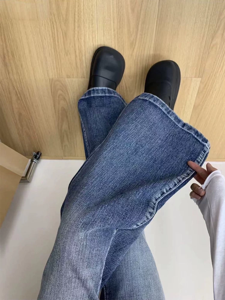 Quần jeans ống loe dáng thẳng kiểu Mỹ cổ điển dành cho nữ, thu đông 2024, size lớn, cạp cao, rộng rãi, tôn dáng