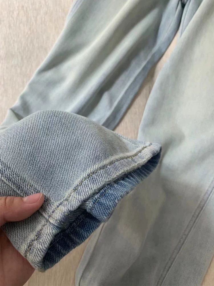 Quần jean lụa băng màu xanh nhạt hình quả lê dành cho nữ, kiểu dáng mỏng mùa hè, cỡ lớn, lưng cao, dáng rộng, quần ống rộng giảm béo