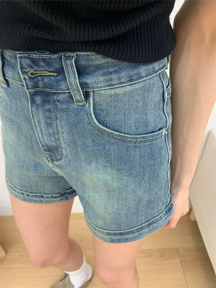Quần short denim cay cay kiểu Mỹ dành cho nữ, cỡ lớn mùa hè, lưng cao, giảm béo, dáng quả lê, quần ống rộng chữ A