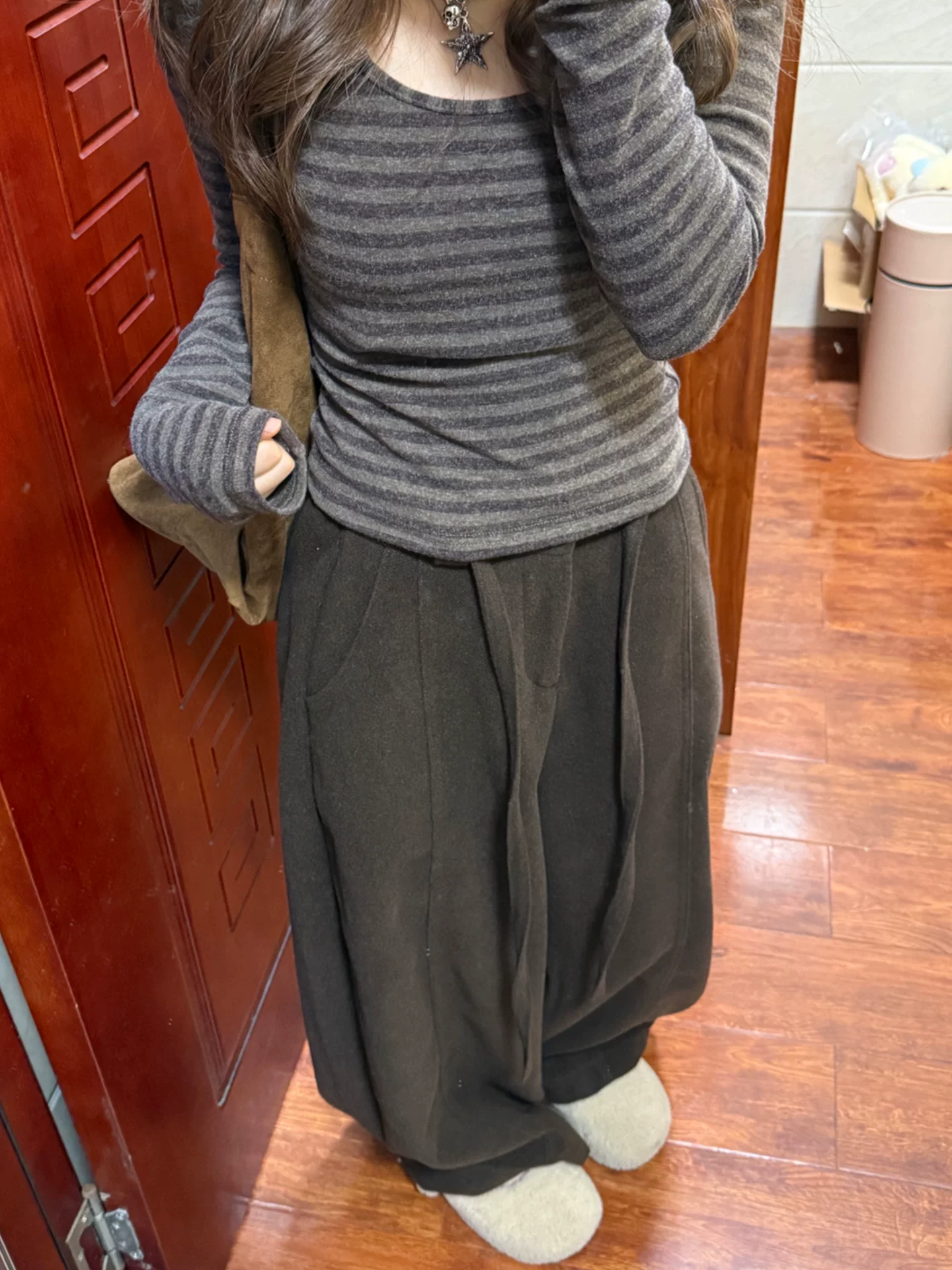 Quần âu kiểu scimitar bằng len màu nâu dành cho nữ, mùa thu đông, lót lông cừu, cỡ lớn, lưng cao, giảm béo, dáng rộng, quần ống rộng.