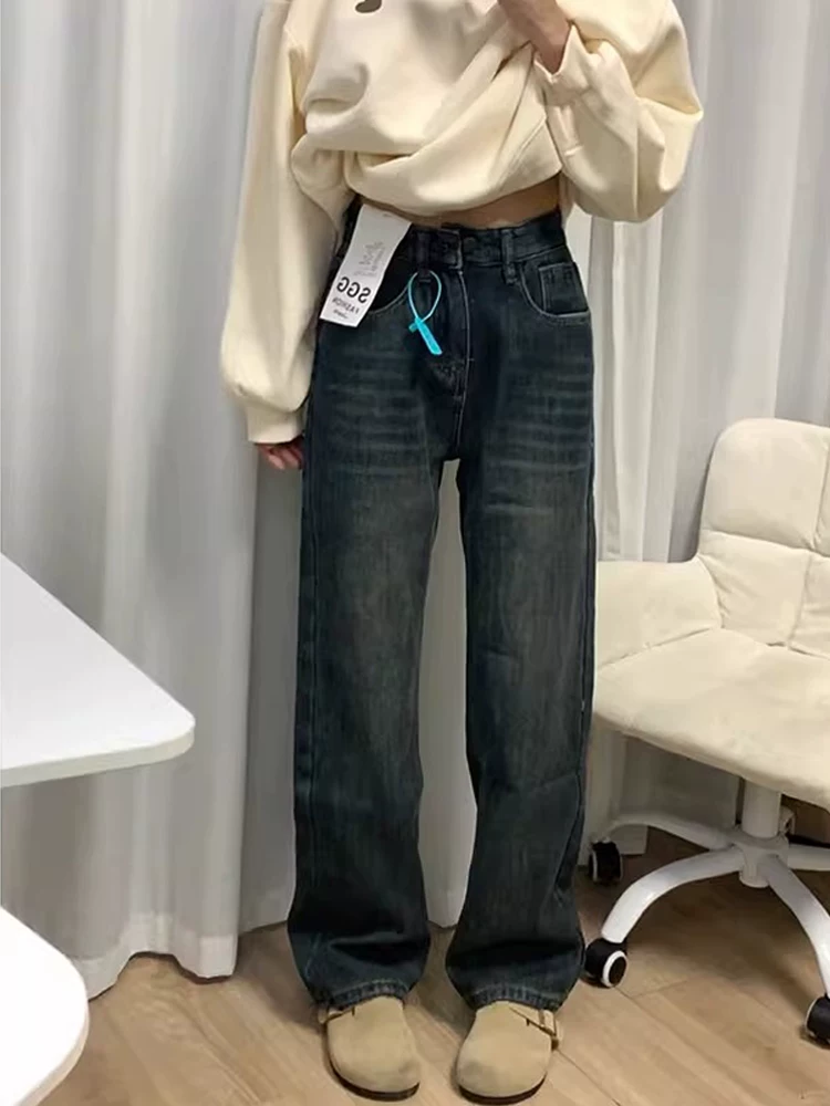 Quần jean ống thẳng dày dặn, lót lông cừu, dáng quả lê dành cho nữ, size lớn mùa đông, cạp cao, rộng rãi, tôn dáng, quần ống rộng.