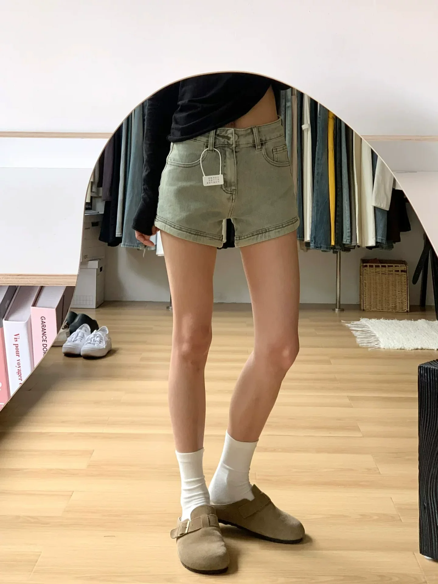 Quần short denim chữ A kiểu Mỹ dành cho nữ, cỡ lớn mùa hè, lưng cao, co giãn, che hông, giảm béo, quần ống rộng hot girl