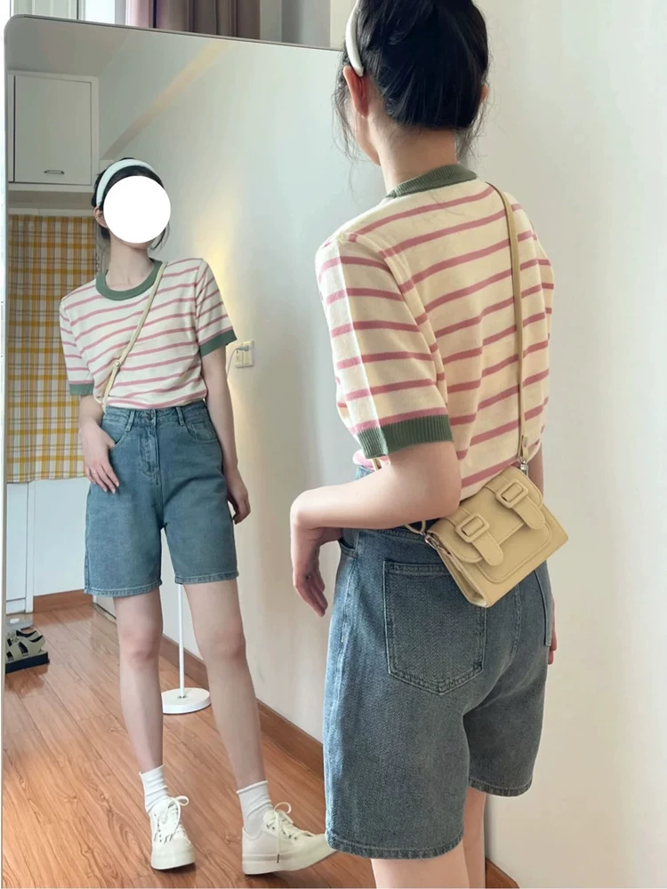 Quần short denim dáng thẳng hình quả lê dành cho nữ, cỡ lớn mùa hè, cạp cao, che hông, quần short dài vừa phải dáng chữ A, dáng rộng, tôn dáng.