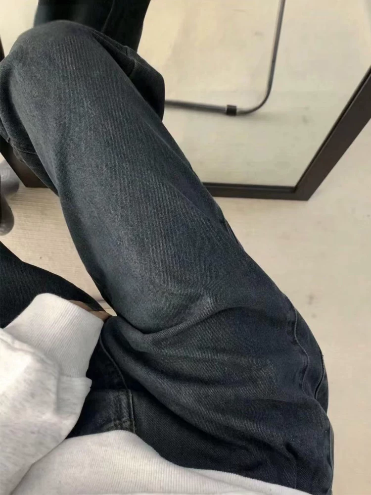 Quần jean ống đứng màu đen và xám dành cho nữ, cỡ lớn, cạp cao mùa thu, dáng rộng, tôn dáng, dáng quả lê, quần ống rộng, dài chạm sàn