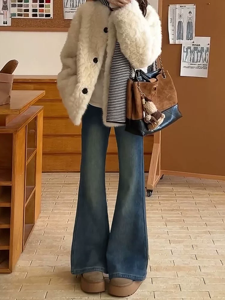 Quần jean nữ ống loe cạp cao cổ điển, size lớn, lót lông cừu, co giãn, tôn dáng, quần ống chuông, quần ống loe giữ ấm mùa đông.