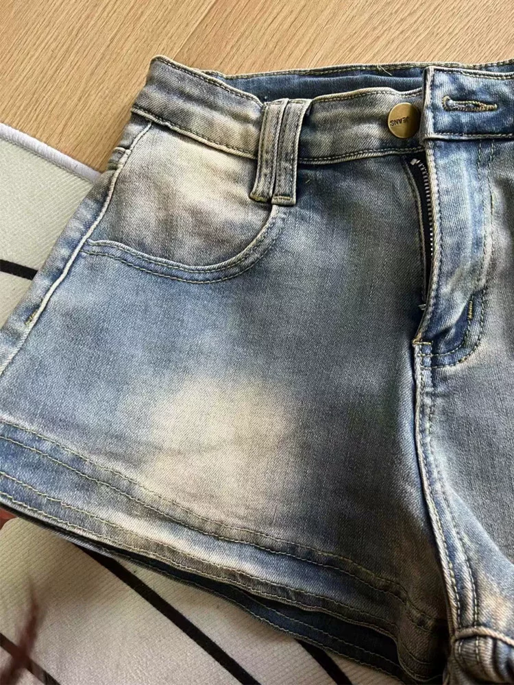 Quần short denim kiểu retro Mỹ dành cho nữ, kiểu dáng mỏng mùa hè, cỡ lớn, lưng cao, co giãn, che hông, quần chữ A tôn dáng.