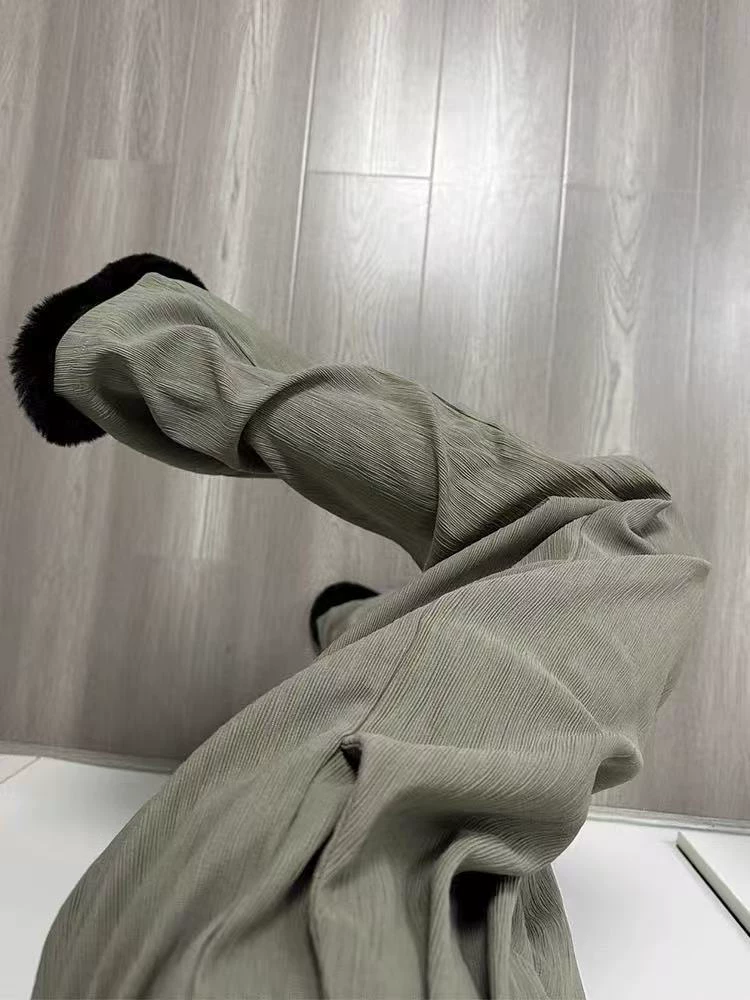 Quần âu nữ màu xanh xám, kiểu mới xuân 2025, size lớn, cạp cao, dáng rộng, che hông, quần ống rộng tôn dáng