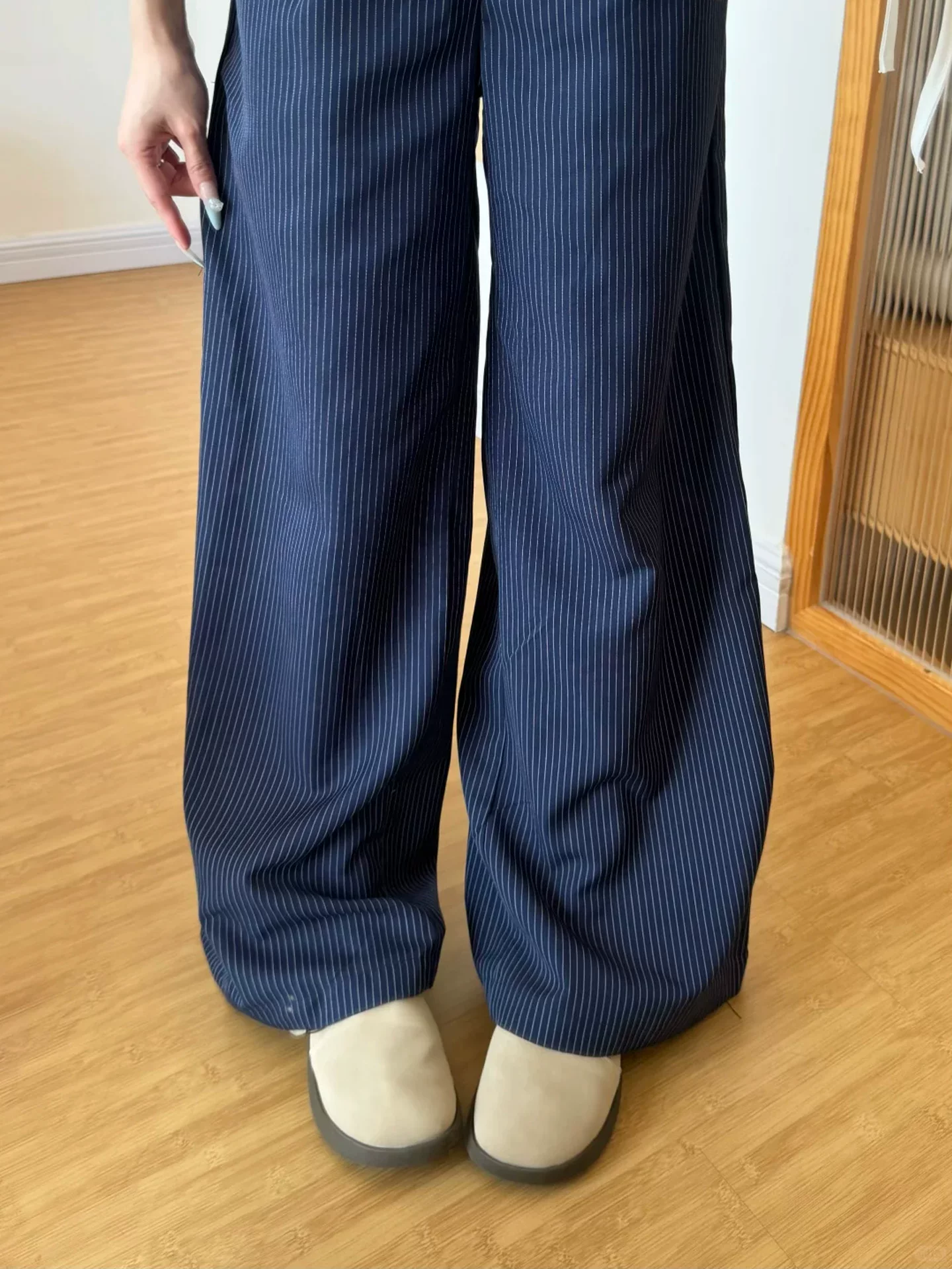 Quần âu phối sọc xanh cho nữ, mùa thu, cỡ lớn, lưng cao, dáng suôn, tôn dáng, dáng quả lê, quần ống rộng