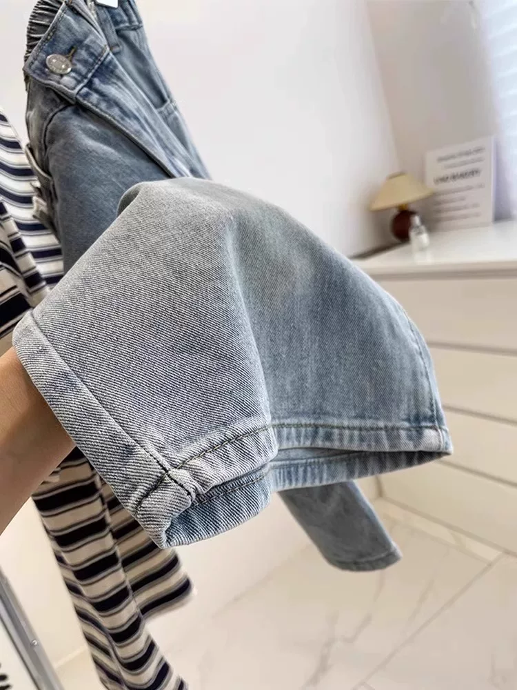 Quần short denim năm điểm dáng quả lê dành cho nữ, cỡ lớn mùa hè, lưng cao, dáng rộng, che hông, quần ống rộng giảm béo, quần dài vừa phải.