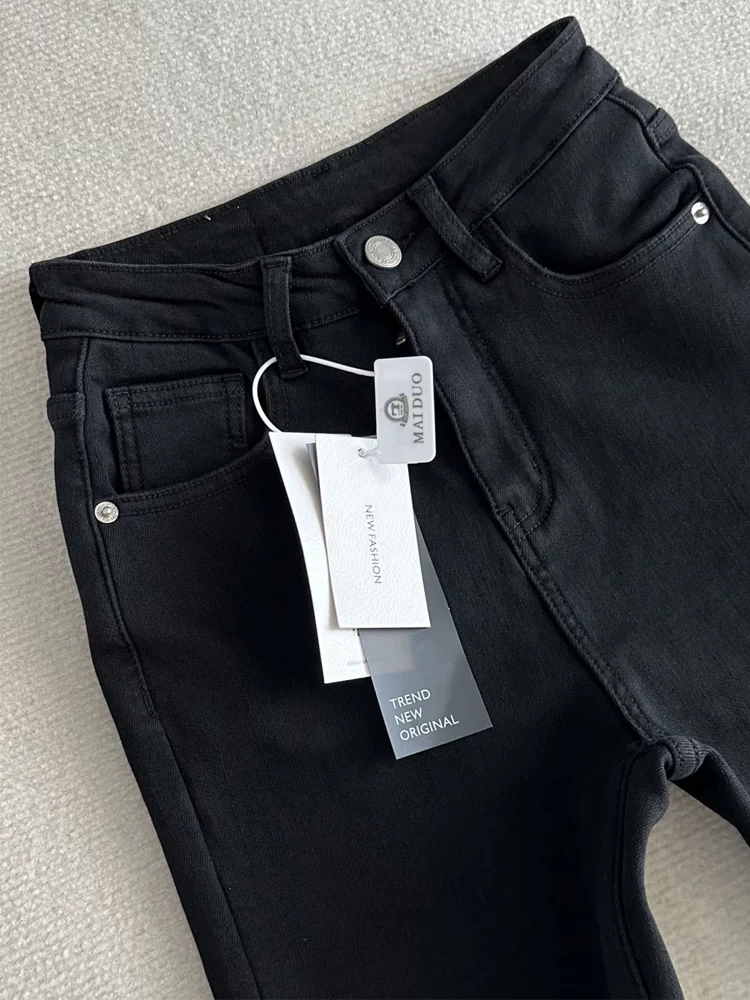 Quần jean ống loe dày lót lông cừu màu đen dành cho nữ, mùa thu đông, cỡ lớn, lưng cao, che hông, giảm béo, quần ống loe co giãn.