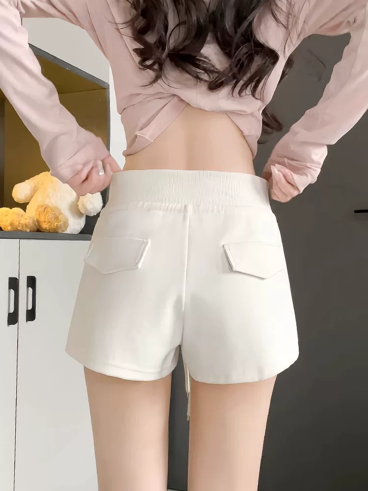 Quần short thể thao màu trắng dành cho nữ, cỡ lớn mùa hè, cạp cao, che hông, giảm béo, quần chữ A nóng bỏng dành cho cô gái nóng bỏng, quần thể thao ôm sát mông.