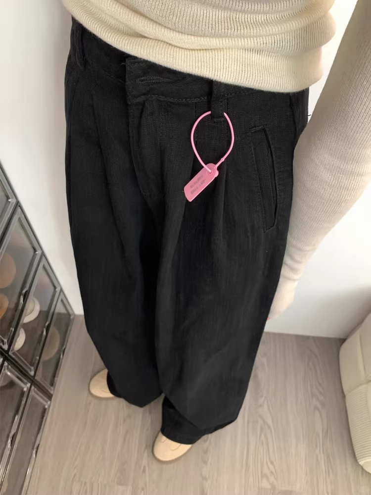 Quần jean đen xếp ly ống rộng cho nữ, mùa thu, cỡ lớn, lưng cao, dáng rộng, che hông, tôn dáng, chất liệu có vân, quần dài chạm sàn