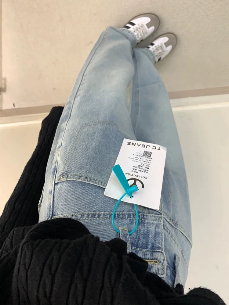 Quần jeans ống đứng màu xanh nhạt dành cho nữ thu đông 2024, size lớn, chất liệu lót lông dày giữ ấm, cạp cao, che hông, dáng rộng, tôn dáng
