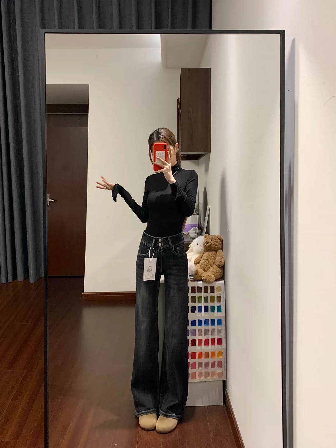 Quần jean ống loe màu xanh xám cổ điển của Mỹ dành cho nữ, mùa thu đông, cỡ lớn, lót lông cừu, dày dặn, cạp cao, quần ống loe thon gọn.