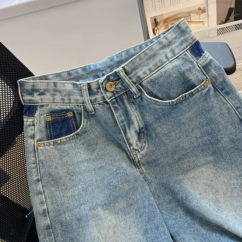 Quần short denim cỡ lớn dành cho nữ, kiểu dáng mỏng mùa hè, cạp cao, che hông, dáng chữ A, ống rộng, quần short dài vừa phải dành cho người có thân hình quả lê.