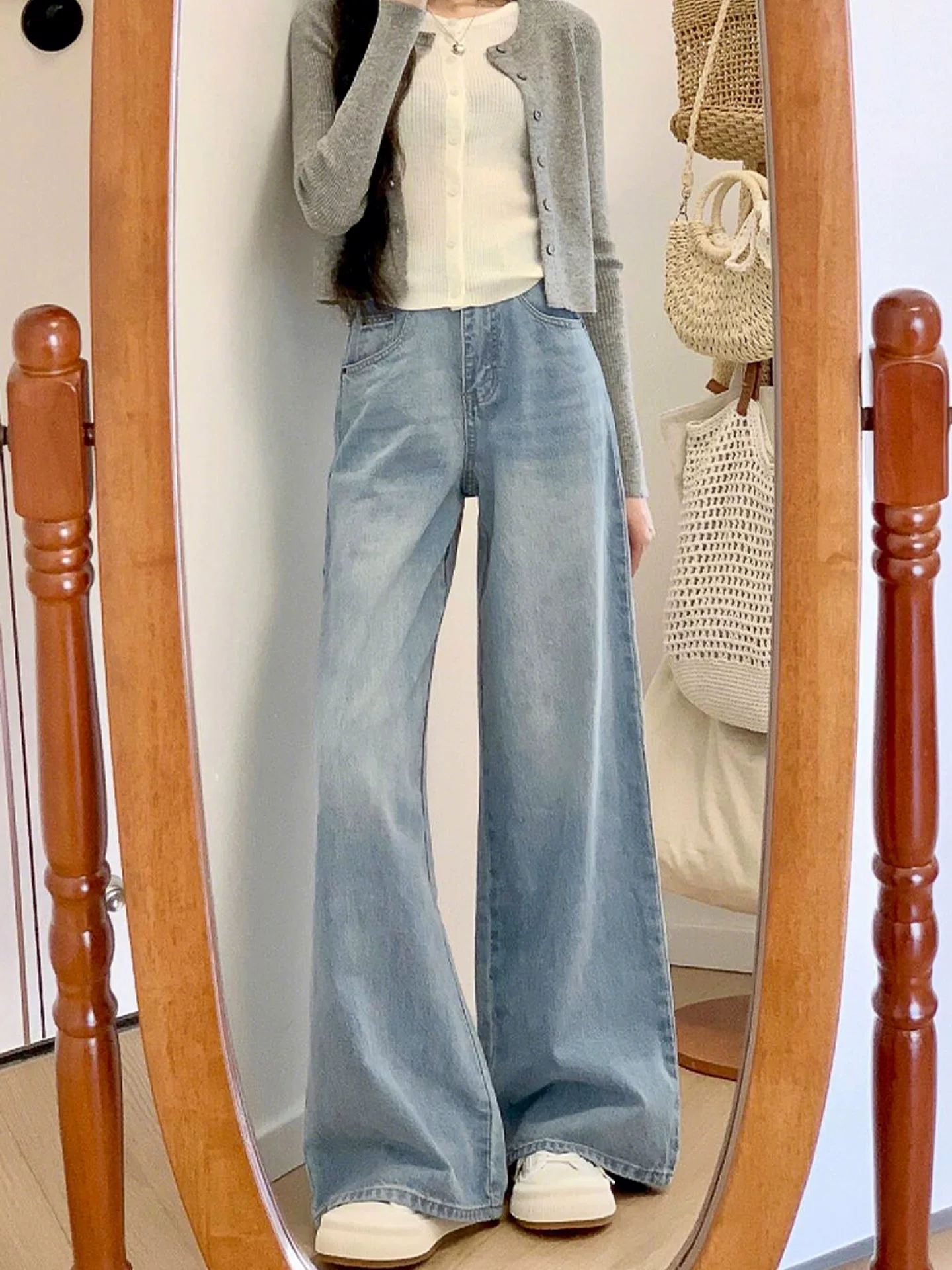 Quần jean ống rộng màu sáng cho nữ, kiểu dáng mùa thu mới, cỡ lớn, lưng cao, dáng rộng, giảm béo, dáng quả lê, quần ống thẳng