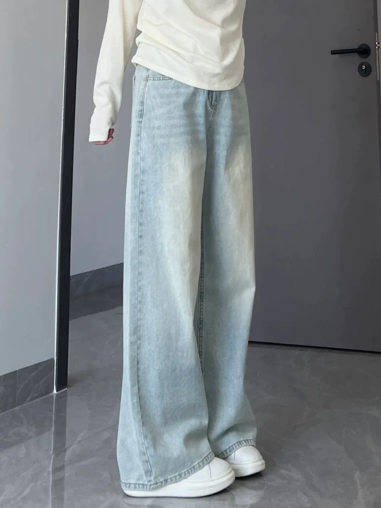 Quần jean ống rộng màu sáng cho nữ, kiểu dáng mỏng mùa hè, cỡ lớn, lưng cao, dáng rộng, giảm béo, dáng quả lê, quần dài ống thẳng