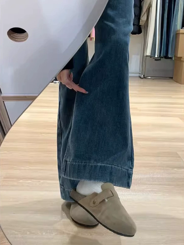 Quần jean xanh vintage dáng loe dành cho nữ, kiểu dáng mùa thu mới, cỡ lớn, lưng cao, dáng rộng, tôn dáng, quần ống loe thẳng.