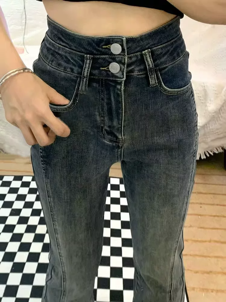 Quần jean dáng chuông dành cho nữ, phong cách đầu thu, cỡ lớn, lưng cao, co giãn, che hông, giảm béo, quần ống loe ngắn
