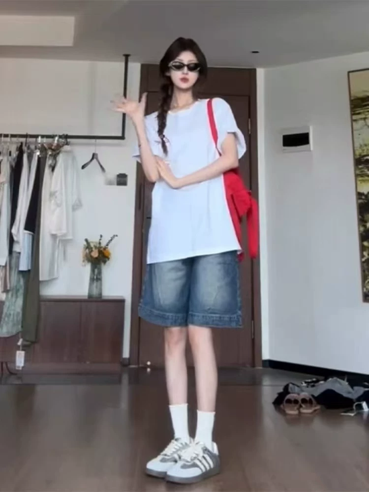 Quần short denim cổ điển kiểu Mỹ dành cho nữ, cỡ lớn mùa hè, lưng cao, dáng rộng, thon gọn, ống thẳng, quần dài vừa phải ống rộng