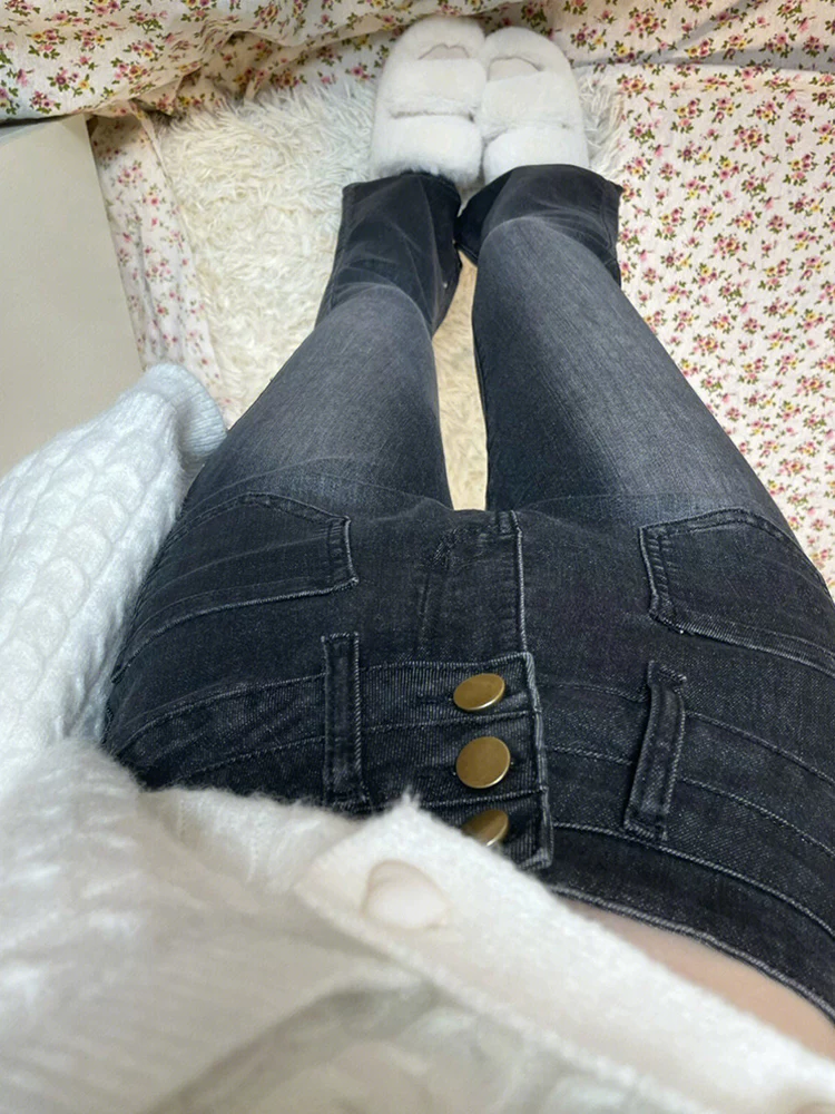 Quần jean dáng chuông, ống thẳng hơi loe dành cho nữ, phong cách đầu thu, size lớn, cạp cao, co giãn, che hông, quần loe tôn dáng