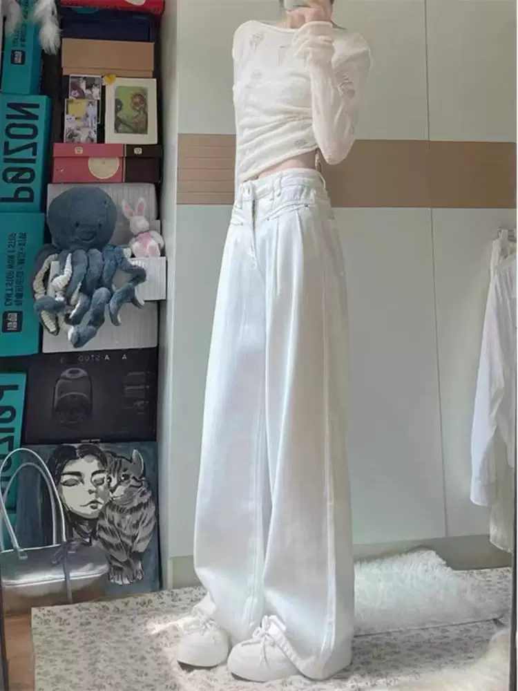Quần jean Tencel trắng dành cho nữ, kiểu dáng mỏng mùa hè, cỡ lớn, lưng cao, dáng rộng, mềm mại, tôn dáng, chống thấm nước, chống gió, quần ống rộng chống bám bẩn.