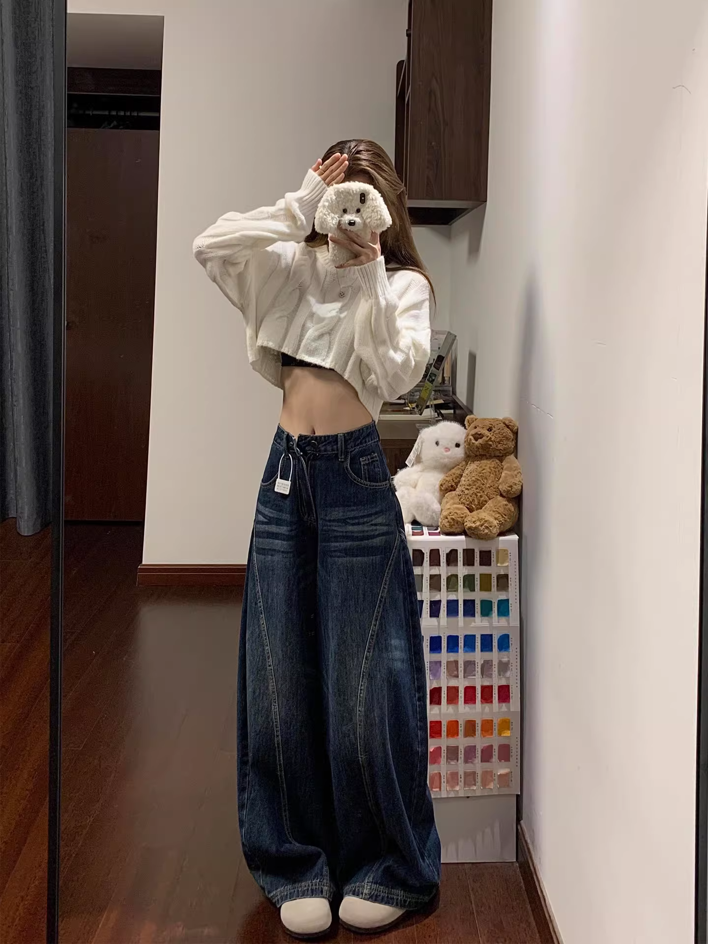 Quần ống rộng kiểu cổ điển Mỹ dành cho nữ, mùa thu đông, cỡ lớn, lưng cao, dáng rộng, mềm mại, lót lông cừu, quần denim dày.