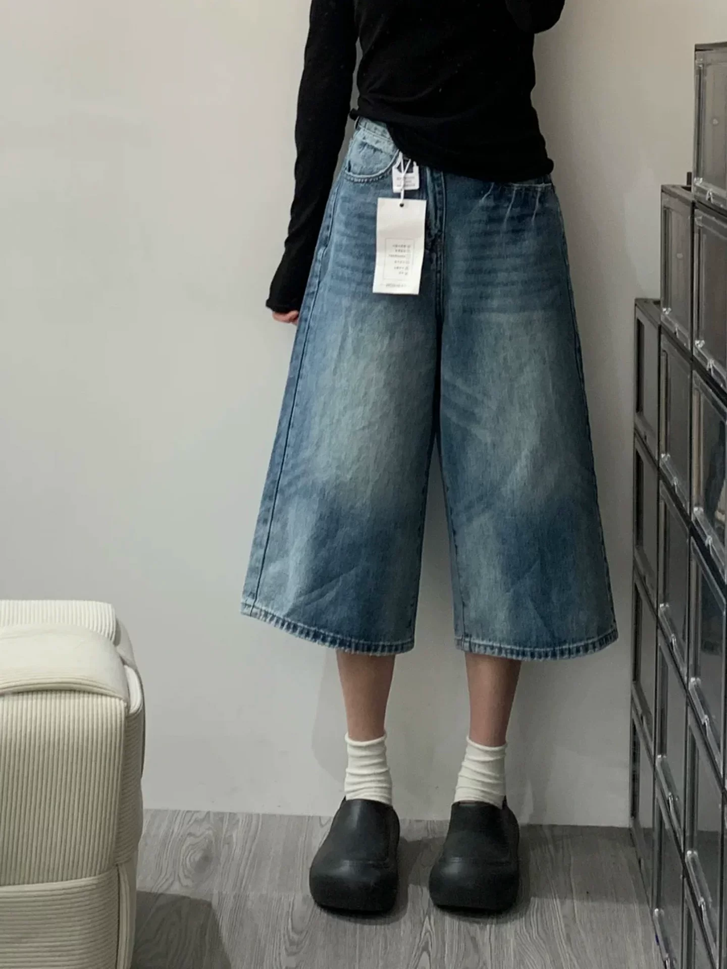 Quần short denim cổ điển dành cho nữ, cỡ lớn mùa hè, lưng cao, dáng rộng, thon gọn, quần ống thẳng, dáng quả lê, quần ống rộng, quần capri.