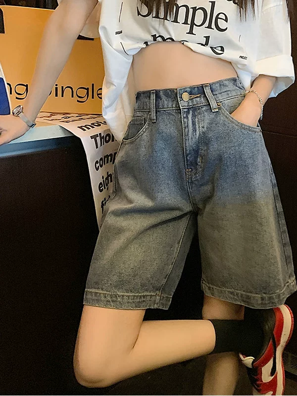 Quần short denim dáng lê dành cho nữ, size lớn mùa hè, phong cách cổ điển dành cho người nhỏ nhắn, cạp cao, dáng rộng, tôn dáng, quần short dài đến giữa đùi.