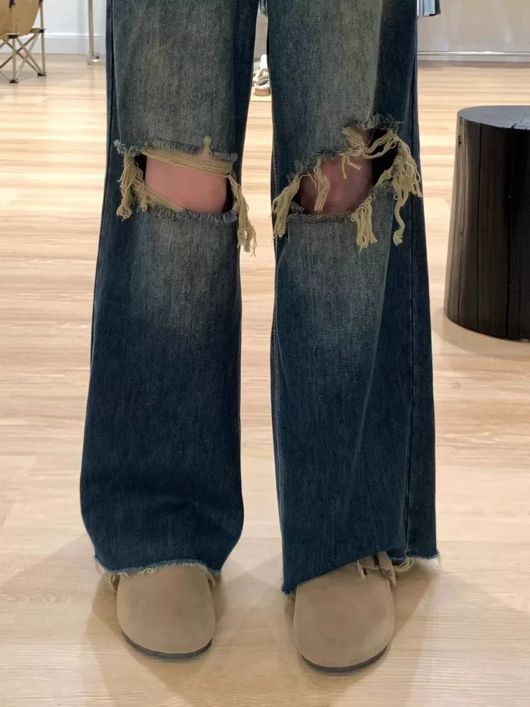 Quần jean rách kiểu Mỹ cổ điển dành cho nữ, kiểu dáng mỏng mùa hè, cỡ lớn, lưng cao, dáng rộng, quần ống rộng giúp thon gọn