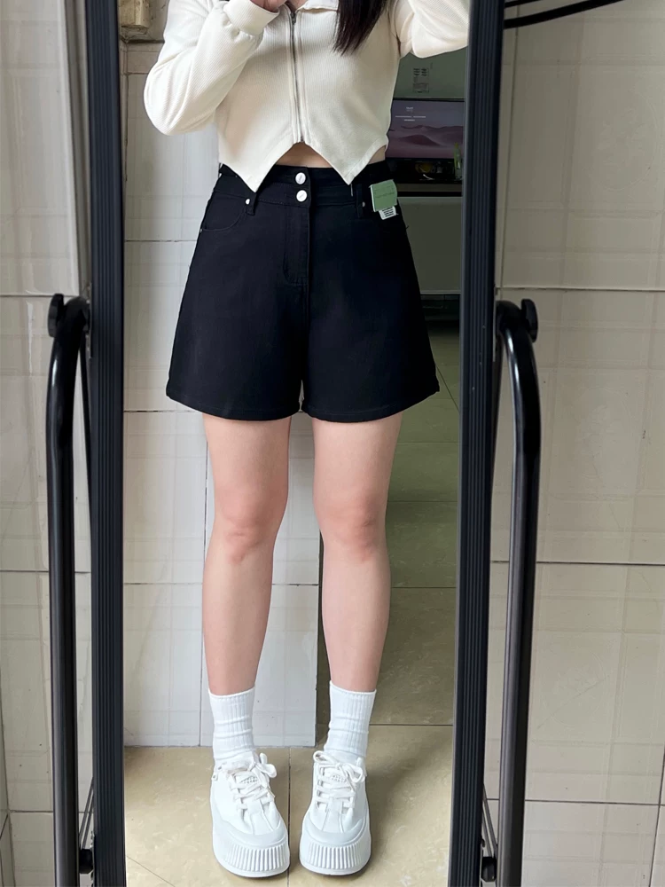 Quần short denim dáng quả lê dành cho nữ, kiểu dáng mỏng mùa hè, cỡ lớn, lưng cao, co giãn, che hông, quần ống rộng chữ A tôn dáng