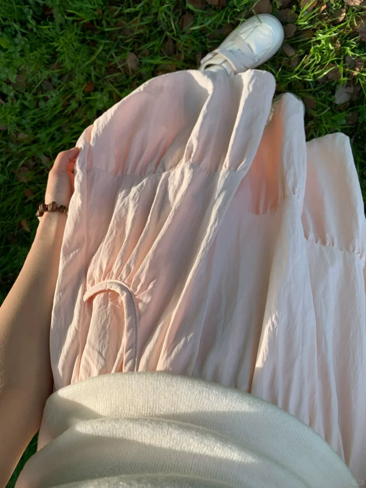 Váy hồng cho nữ, size lớn mùa hè, lưng cao, dáng rộng, tôn dáng, dáng quả lê, dáng chữ A, dài vừa phải, váy phồng.