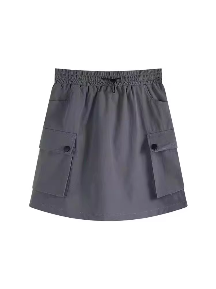 Váy ngắn màu xám dành cho nữ, kiểu dáng mỏng mùa hè, cỡ lớn, lưng cao, che phủ toàn thân, giảm béo, váy chữ A phong cách giản dị kiểu Mỹ.