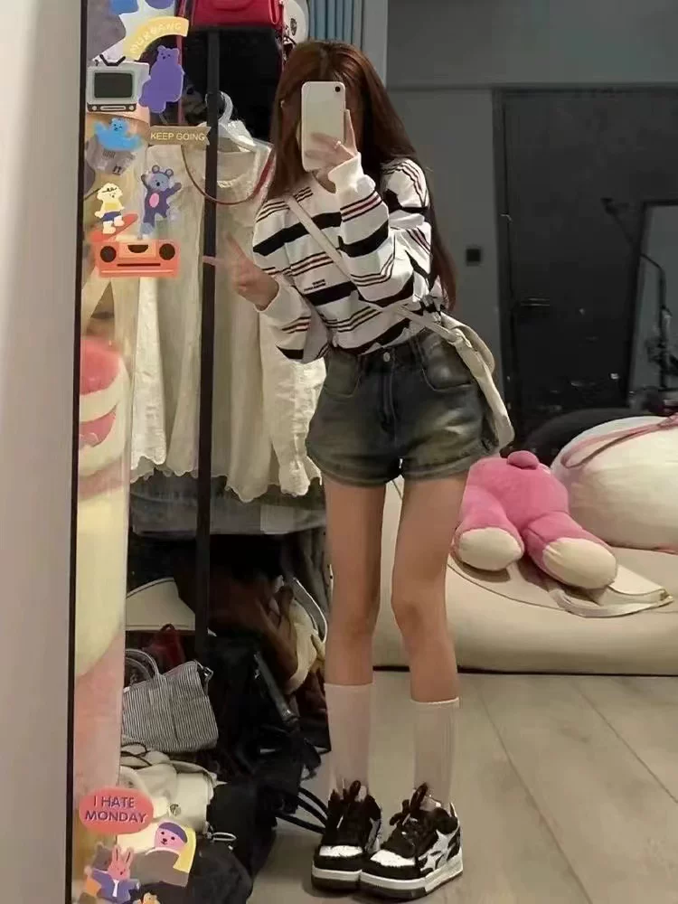 Quần short denim dáng lê dành cho nữ, size lớn mùa hè, kiểu Mỹ cổ điển, cạp cao, co giãn, tôn dáng, dáng chữ A, ống rộng, quần short ngắn