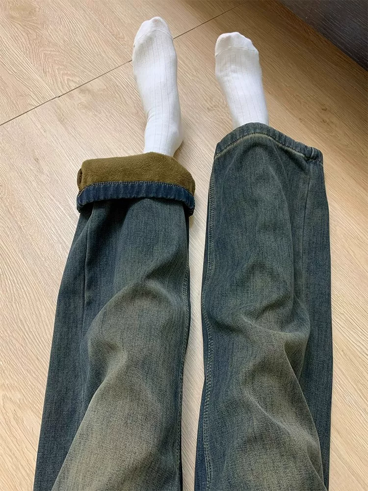 Quần jeans ống đứng dày dặn lót lông cừu cổ điển dành cho nữ mùa thu đông 2024, size lớn, cạp cao, dáng rộng, tôn dáng