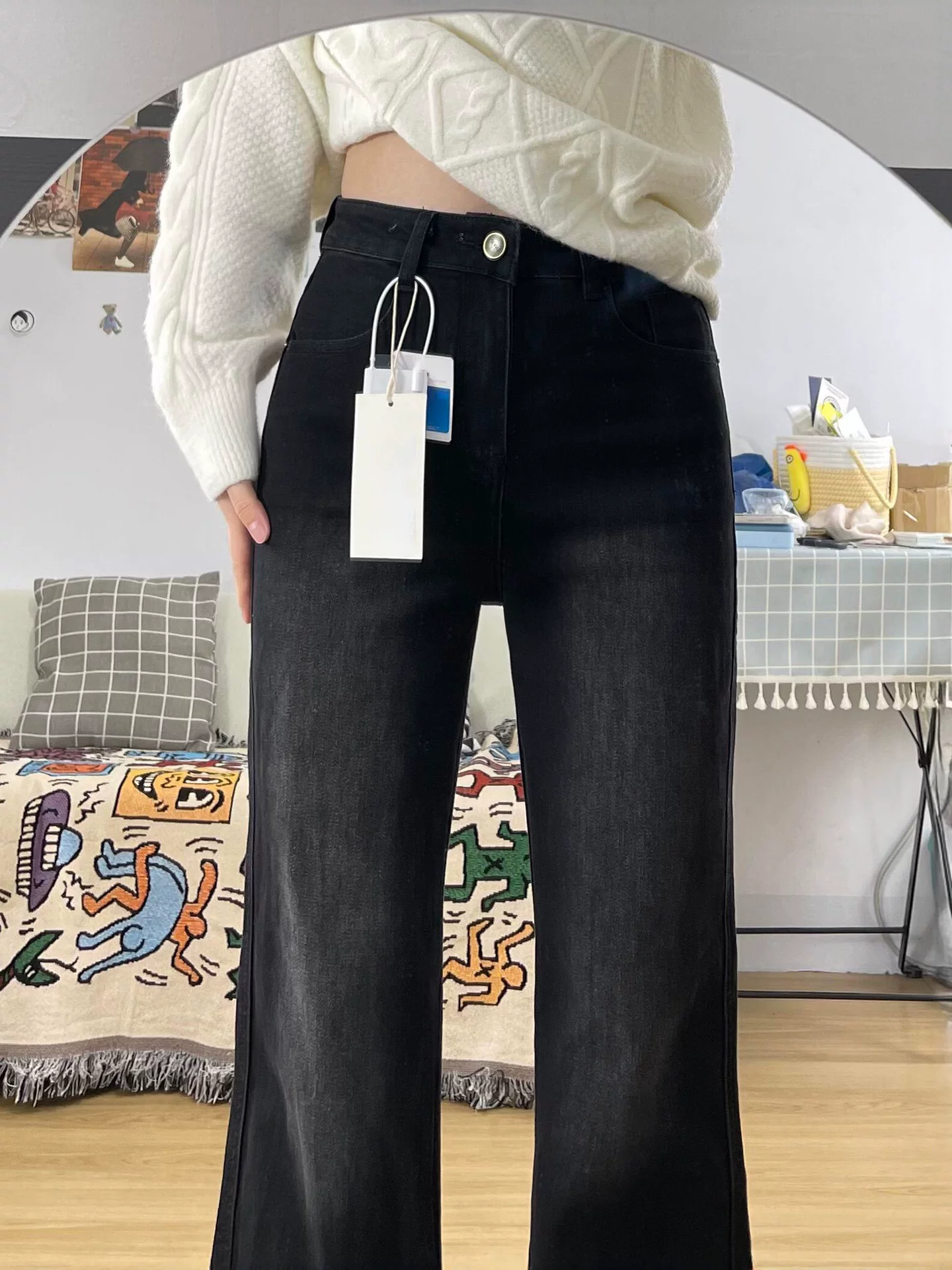 Quần jean ống loe dáng thẳng cổ điển dành cho nữ, kiểu dáng thu mới, size lớn, cạp cao, tôn dáng, quần dài ống loe hẹp