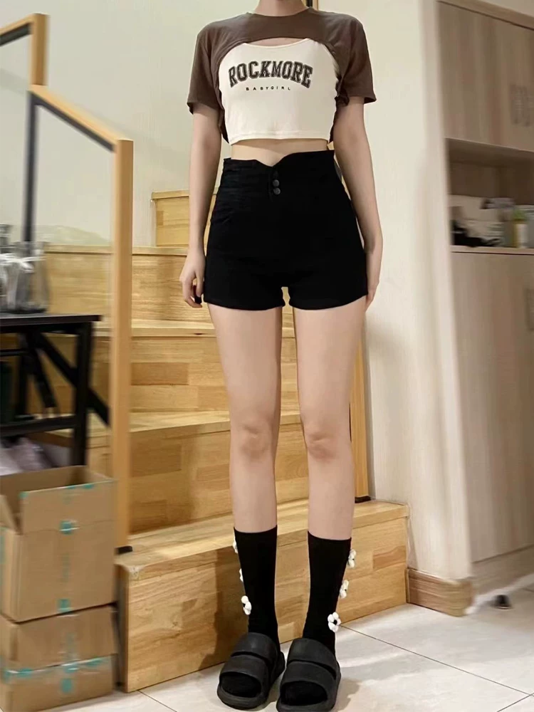 Quần short denim đen dáng quả lê dành cho nữ, size lớn mùa hè, cạp cao, che hông, thon gọn, quần chữ A co giãn