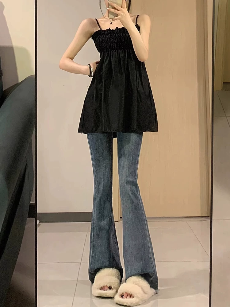 Quần jean ống loe màu xanh cổ điển dành cho nữ, phong cách mới đầu thu, cỡ lớn, lưng cao, co giãn, quần ống loe thon gọn.