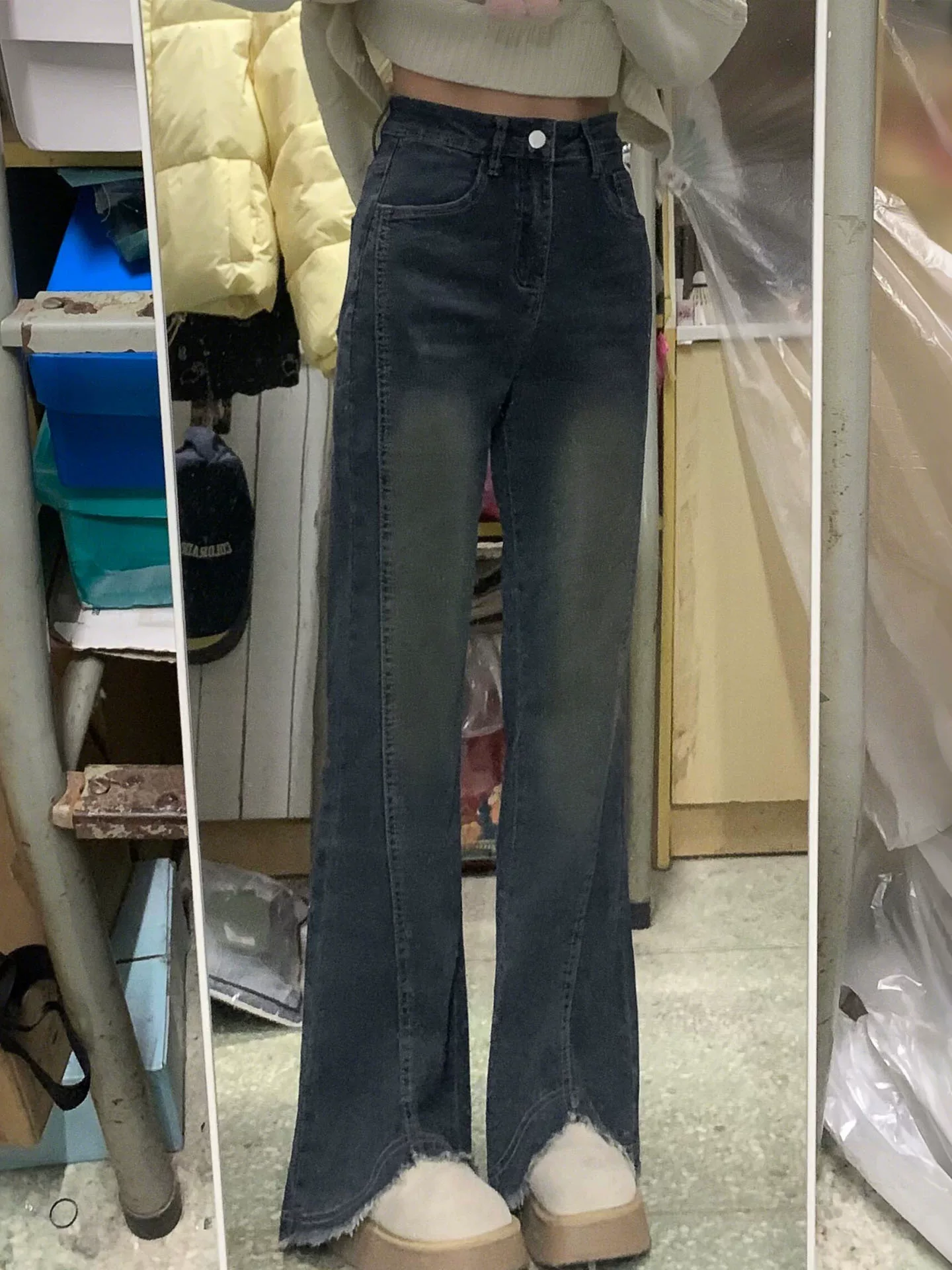 Quần jean xẻ tà thô, kiểu dáng mới mùa thu, size lớn, cạp cao, co giãn, che hông, quần ống loe tôn dáng