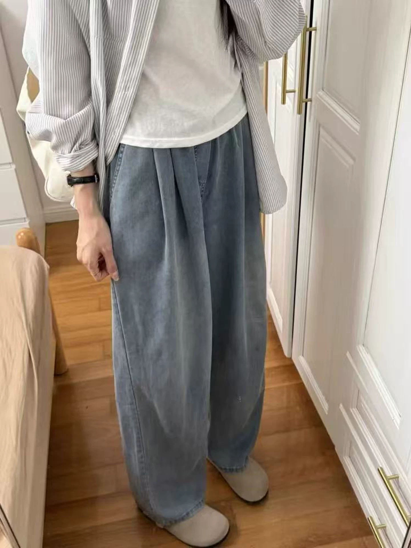 Quần jean Tencel dành cho nữ, kiểu dáng mỏng mùa hè, cỡ lớn, lưng cao, giảm béo, dáng quả lê, nhỏ nhắn, vải lụa băng, quần ống rộng