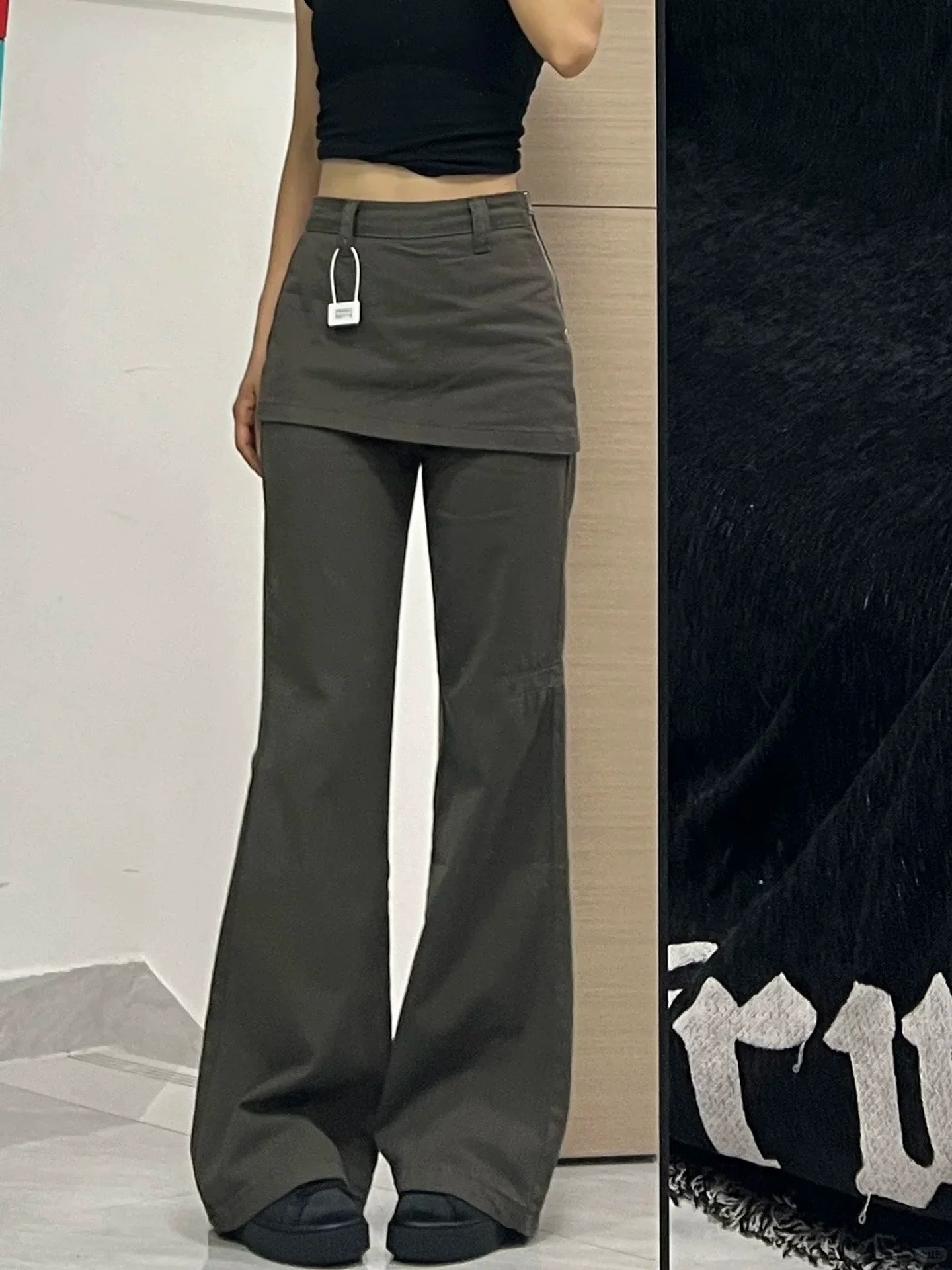 Quần jeans giả hai mảnh kiểu Mỹ dành cho nữ, thu đông 2025, size lớn, cạp cao, dáng rộng, tôn dáng, quần chuông công sở