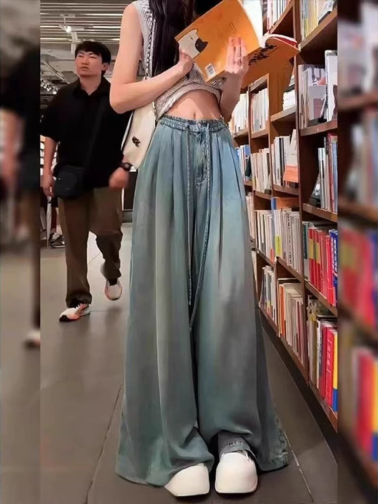 Quần jean ống rộng Tencel dành cho nữ, cỡ lớn mùa hè, lưng cao, dáng rộng, mềm mại, tôn dáng, dành cho người có dáng quả lê, quần dài chạm sàn