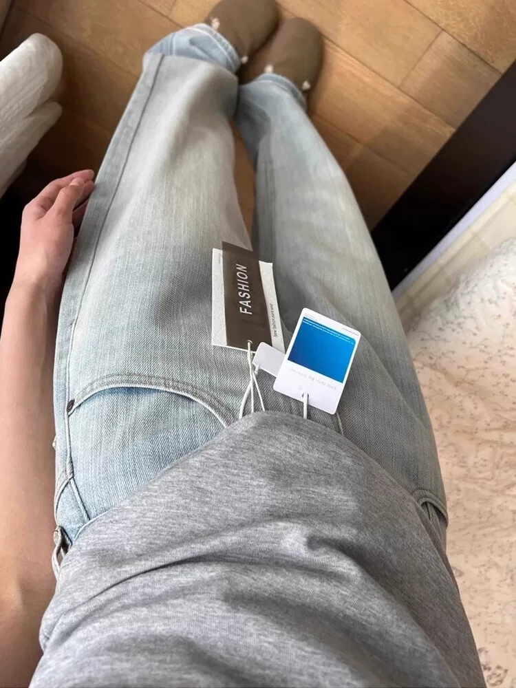 Quần jean nữ ống đứng màu xanh nhạt, chất liệu có vân, size lớn mùa xuân, cạp cao, dáng rộng, tôn dáng, quần ống rộng rách